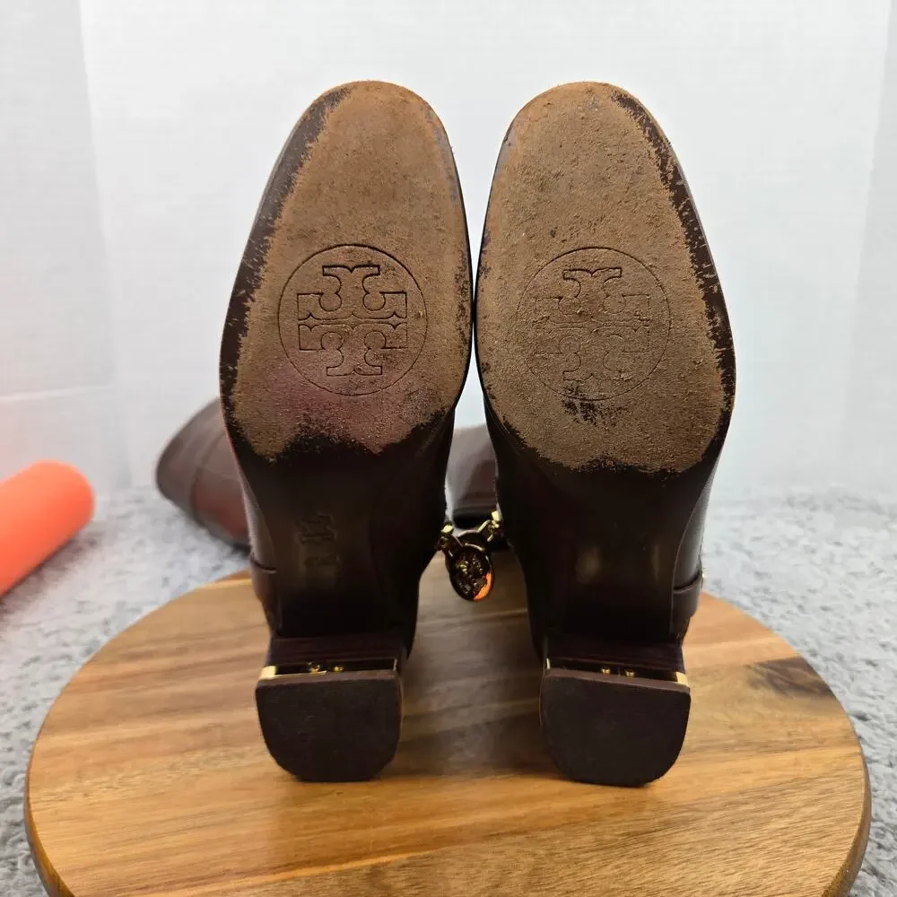 Tory Burch Womens 6.5M Brown Side Logo Gold Hardware Equestrian Riding Boot Heel